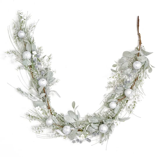 60" White Glittered Balls & Leaves Artificial Christmas Garland